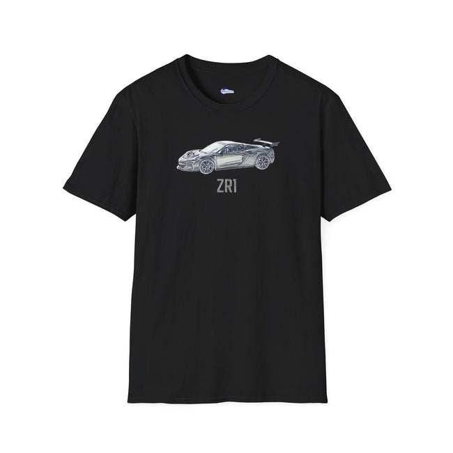 Chevrolet Corvette C8 ZR1 T-Shirt - American Muscle, Black with Blue Stripes and with model designation-Modelcars.com-ModelCars.com