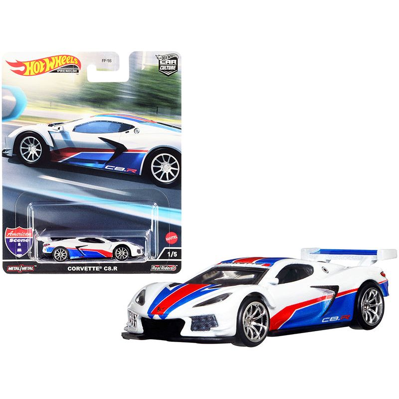 Chevrolet Corvette C8.R Pearl White with Red and Blue Stripes "American Scene" "Car Culture" Series Diecast Model Car by Hot Wheels-Hotwheels-ModelCars.com