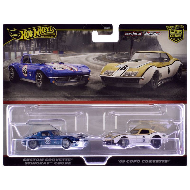 Chevrolet Custom Corvette Stingray Coupe 65 Blue Metallic with White Stripes and 1969 Chevrolet COPO Corvette 6 Gold Metallic and White "Car Culture" Set of 2 Cars Diecast Model Cars by Hot Wheels - Hotwheels - ModelCars.com