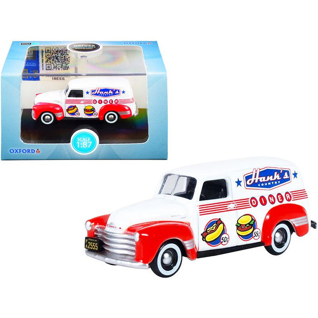 Chevrolet Panel Truck "Hanks Country Diner" White and Red 1/87 (HO) Scale Diecast Model Car by Oxford Diecast - Oxford Diecast - ModelCars.com