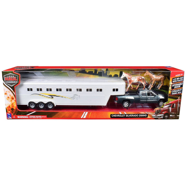 Chevrolet Silverado 2500HD Pickup Truck Gray Metallic with Horse Trailer White and Horse Figures "Long Haul Truckers" Series 1/32 Diecast Model by New Ray-New Ray-ModelCars.com