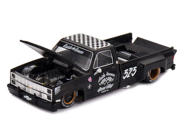 Chevrolet Silverado Dually Pickup Truck "Hot Rod V1" Matt Black with Checkered Top and Graphics (Designed by Jun Imai) "Kaido House" Special 1/64 Diecast Model Car by Mini GT-Mini GT-ModelCars.com