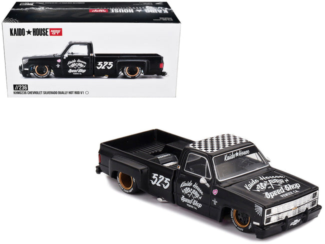 Chevrolet Silverado Dually Pickup Truck "Hot Rod V1" Matt Black with Checkered Top and Graphics (Designed by Jun Imai) "Kaido House" Special 1/64 Diecast Model Car by Mini GT-Mini GT-ModelCars.com
