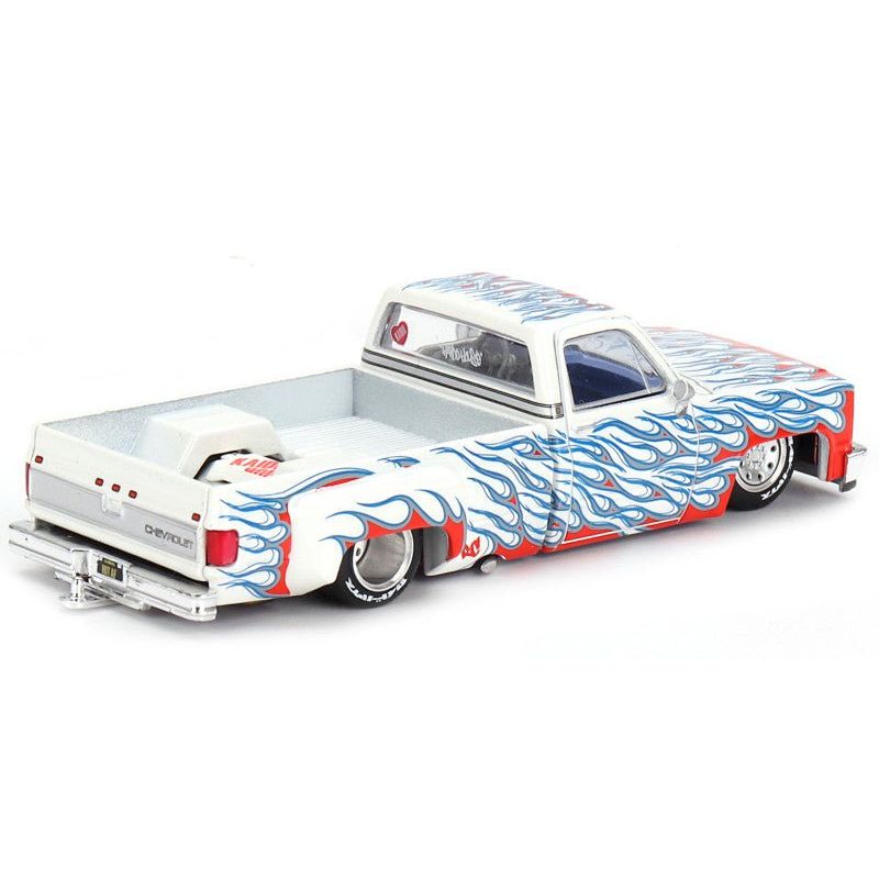 Chevrolet Silverado Dually Pickup Truck "On Fire V2" White Metallic with Blue Flames and Blue Interior (Designed by Jun Imai) "Kaido House" Special 1/64 Diecast Model Car by Mini GT - Mini GT - ModelCars.com
