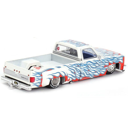 Chevrolet Silverado Dually Pickup Truck "On Fire V2" White Metallic with Blue Flames and Blue Interior (Designed by Jun Imai) "Kaido House" Special 1/64 Diecast Model Car by Mini GT - Mini GT - ModelCars.com