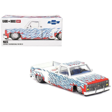 Chevrolet Silverado Dually Pickup Truck "On Fire V2" White Metallic with Blue Flames and Blue Interior (Designed by Jun Imai) "Kaido House" Special 1/64 Diecast Model Car by Mini GT-Mini GT-ModelCars.com