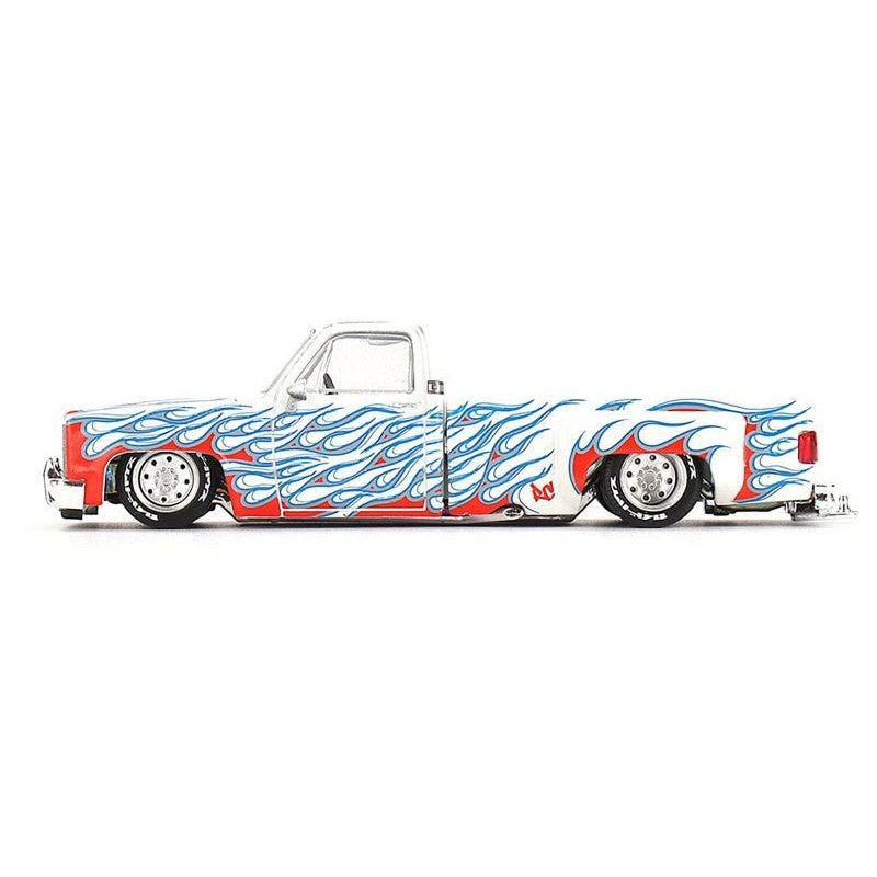 Chevrolet Silverado Dually Pickup Truck "On Fire V2" White Metallic with Blue Flames and Blue Interior (Designed by Jun Imai) "Kaido House" Special 1/64 Diecast Model Car by Mini GT-Mini GT-ModelCars.com