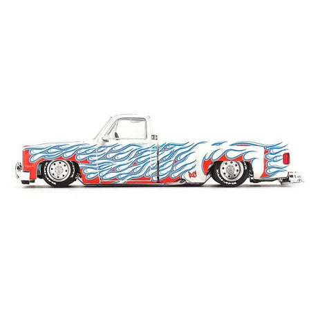 Chevrolet Silverado Dually Pickup Truck "On Fire V2" White Metallic with Blue Flames and Blue Interior (Designed by Jun Imai) "Kaido House" Special 1/64 Diecast Model Car by Mini GT-Mini GT-ModelCars.com