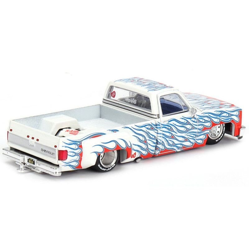 Chevrolet Silverado Dually Pickup Truck "On Fire V2" White Metallic with Blue Flames and Blue Interior (Designed by Jun Imai) "Kaido House" Special 1/64 Diecast Model Car by Mini GT-Mini GT-ModelCars.com