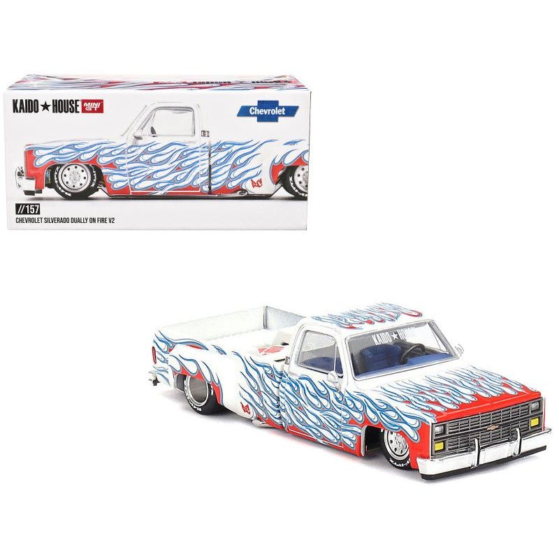 Chevrolet Silverado Dually Pickup Truck "On Fire V2" White Metallic with Blue Flames and Blue Interior (Designed by Jun Imai) "Kaido House" Special 1/64 Diecast Model Car by Mini GT - Mini GT - ModelCars.com