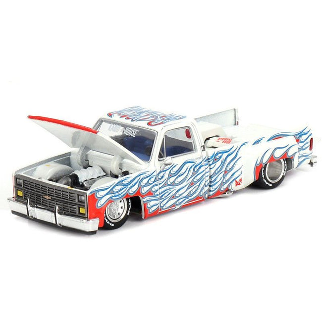 Chevrolet Silverado Dually Pickup Truck "On Fire V2" White Metallic with Blue Flames and Blue Interior (Designed by Jun Imai) "Kaido House" Special 1/64 Diecast Model Car by Mini GT - Mini GT - ModelCars.com