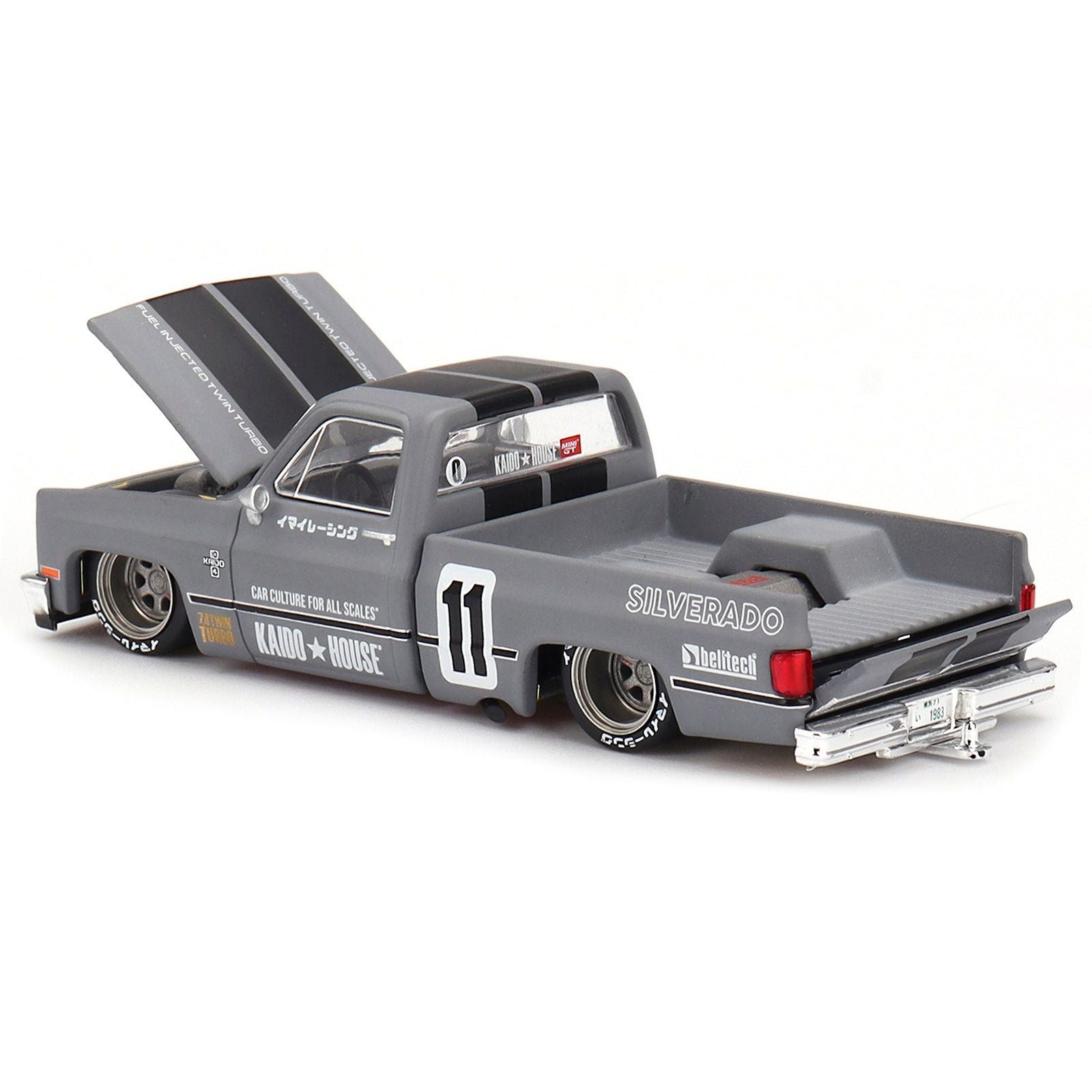 Chevrolet Silverado "KAIDO V2" Pickup Truck 11 Gray with Black Stripes (Designed by Jun Imai) "Kaido House" Special 1/64 Diecast Model Car by Mini GT - Mini GT - ModelCars.com