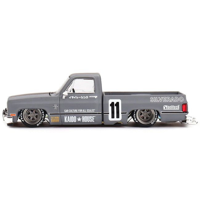 Chevrolet Silverado "KAIDO V2" Pickup Truck #11 Gray with Black Stripes (Designed by Jun Imai) "Kaido House" Special 1/64 Diecast Model Car by Mini GT-Mini GT-ModelCars.com
