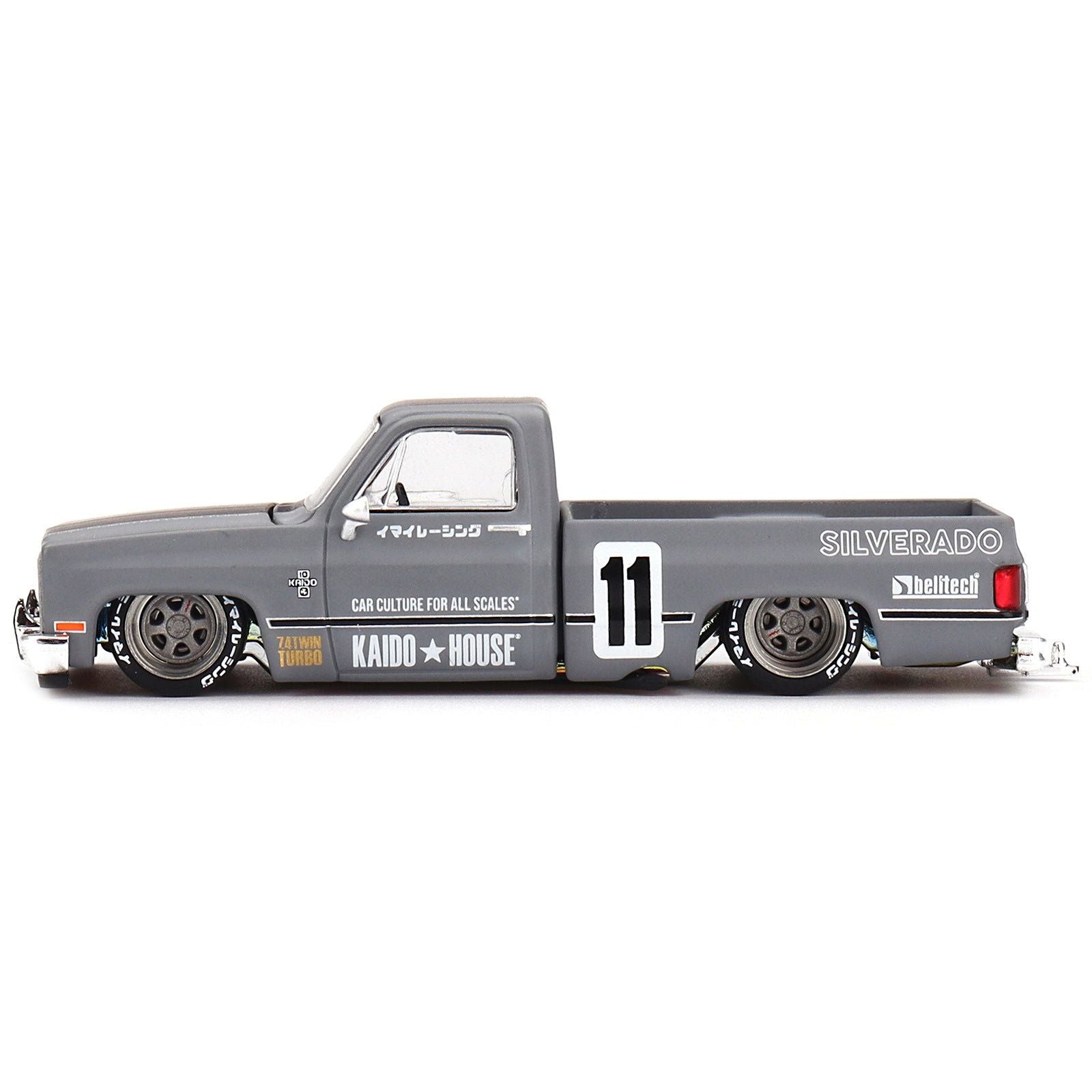 Chevrolet Silverado "KAIDO V2" Pickup Truck 11 Gray with Black Stripes (Designed by Jun Imai) "Kaido House" Special 1/64 Diecast Model Car by Mini GT - Mini GT - ModelCars.com