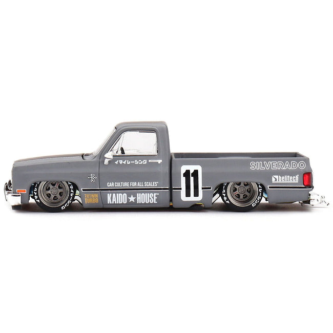 Chevrolet Silverado "KAIDO V2" Pickup Truck 11 Gray with Black Stripes (Designed by Jun Imai) "Kaido House" Special 1/64 Diecast Model Car by Mini GT - Mini GT - ModelCars.com