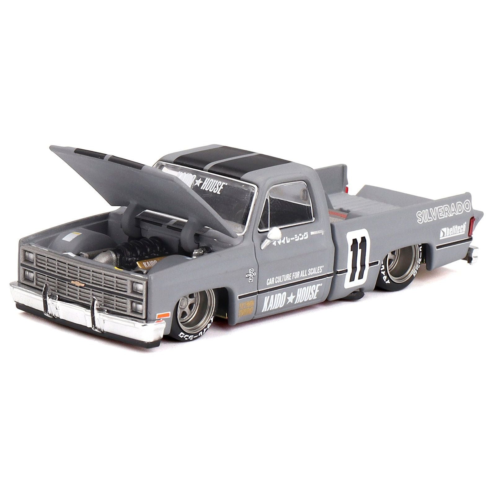 Chevrolet Silverado "KAIDO V2" Pickup Truck 11 Gray with Black Stripes (Designed by Jun Imai) "Kaido House" Special 1/64 Diecast Model Car by Mini GT - Mini GT - ModelCars.com