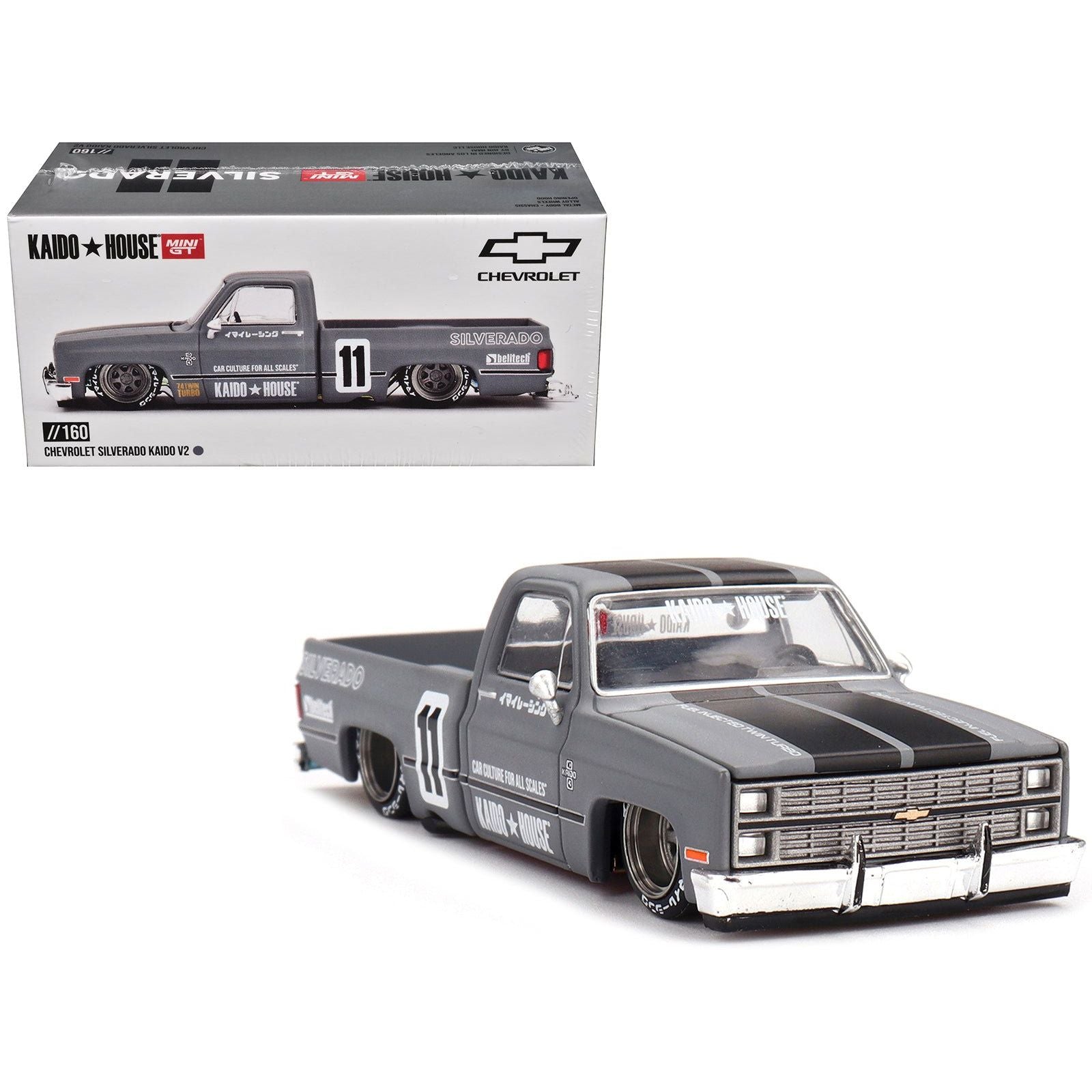 Chevrolet Silverado "KAIDO V2" Pickup Truck 11 Gray with Black Stripes (Designed by Jun Imai) "Kaido House" Special 1/64 Diecast Model Car by Mini GT - Mini GT - ModelCars.com