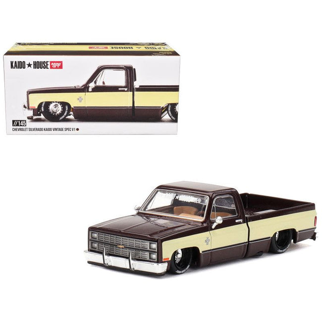 Chevrolet Silverado Pickup Truck "KAIDO Vintage Spec V1" Brown with Cream Sides (Designed by Jun Imai) "Kaido House" Special 1/64 Diecast Model Car by Mini GT - Mini GT - ModelCars.com