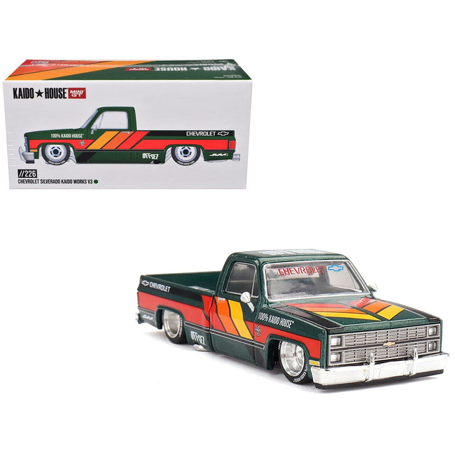 Chevrolet Silverado Pickup Truck "Kaido Works V3" Dark Green Metallic with Graphics (Designed by Jun Imai) "Kaido House" Special 1/64 Diecast Model Car by Mini GT-Mini GT-ModelCars.com