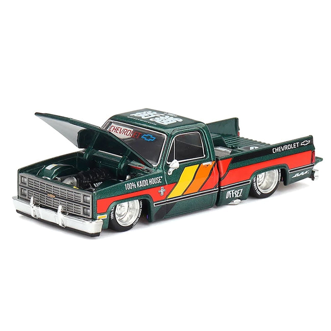 Chevrolet Silverado Pickup Truck "Kaido Works V3" Dark Green Metallic with Graphics (Designed by Jun Imai) "Kaido House" Special 1/64 Diecast Model Car by Mini GT-Mini GT-ModelCars.com