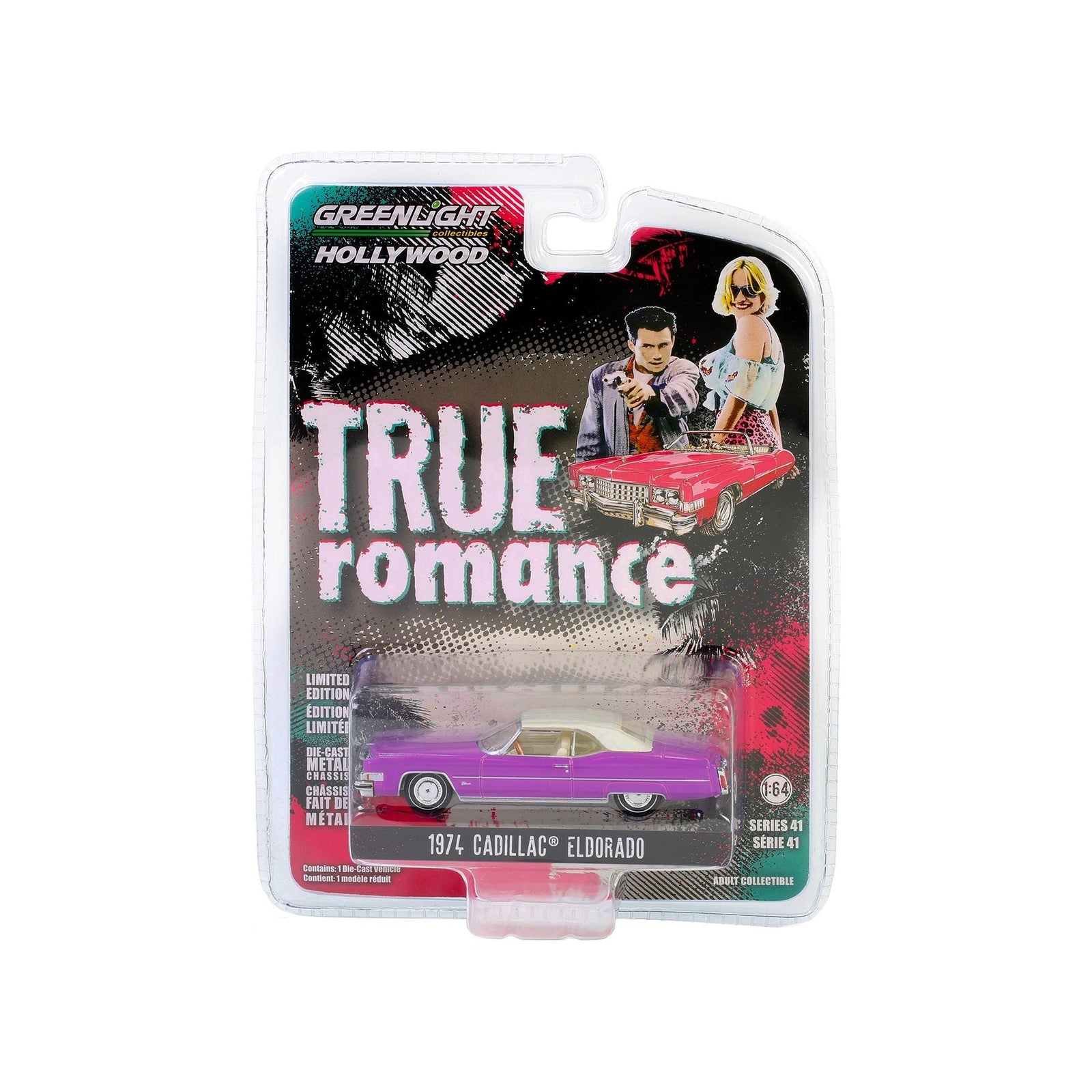 Clarence and Alabama's 1974 Cadillac Eldorado Convertible (Top Up) Hot Pink with White Top and Interior "True Romance" (1993) Movie "Hollywood Series" Release 41 1/64 Diecast Model Car by Greenlight - Greenlight - ModelCars.com
