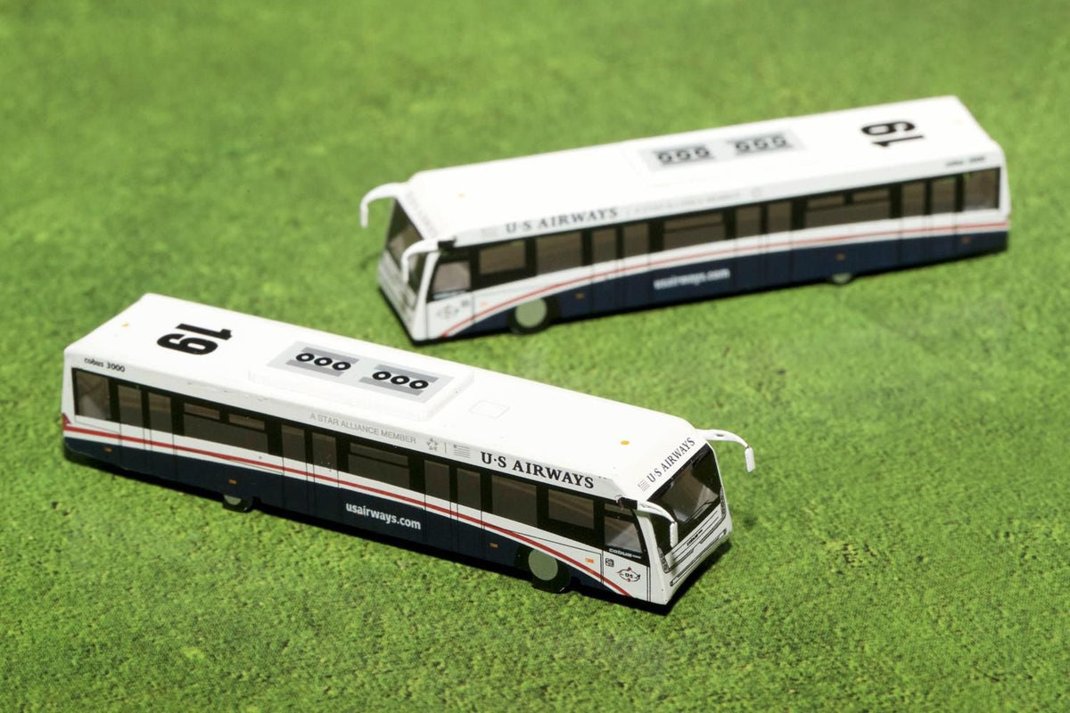Cobus 3000 Passenger Bus White and Blue "US Airways Shuttle Bus" 2 Piece Set "Gemini 200" Series Diecast Models by GeminiJets-GeminiJets-ModelCars.com