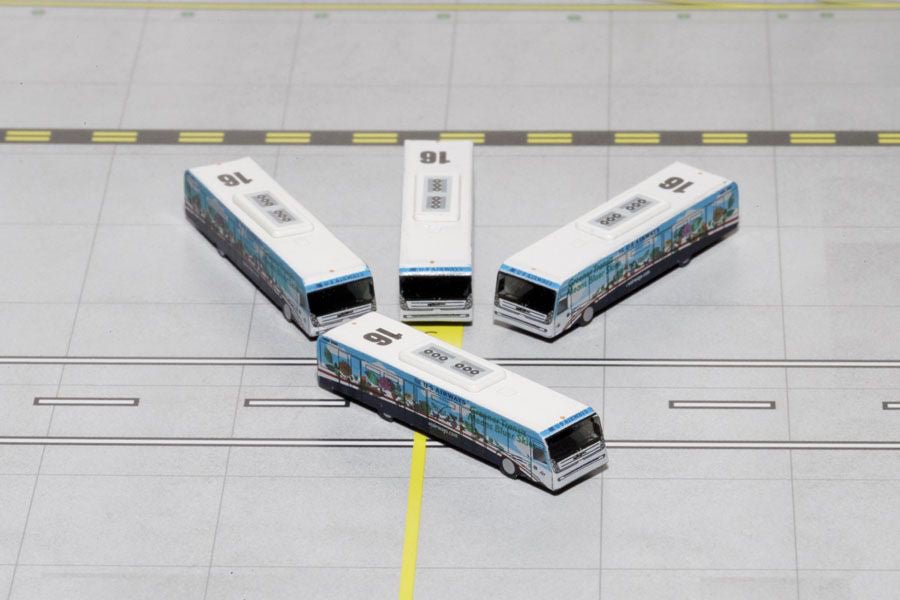 Cobus 3000 Passenger Bus White and Blue with Graphics "US Airways Shuttle Bus - Greener Transit" 4 Piece Set 1/400 Diecast Models by GeminiJets-GeminiJets-ModelCars.com