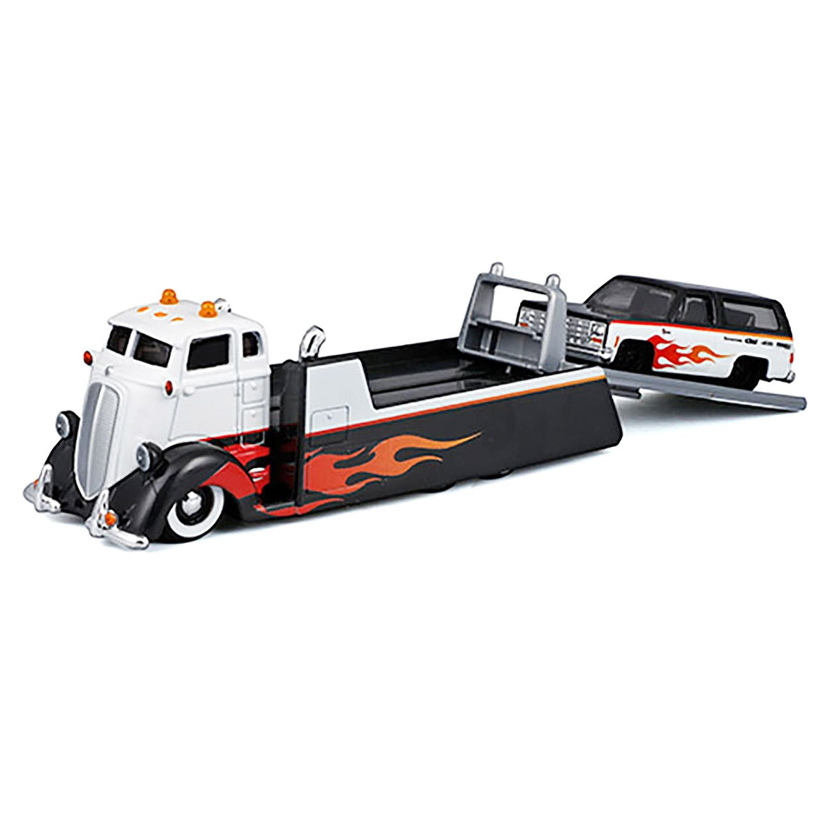 COE Flatbed Truck White and Black with Flame Graphics and 1979 Chevrolet K5 Blazer Black and White with Flame Graphics "Elite Transport" Series 1/64 Diecast Models by Maisto-Maisto-ModelCars.com