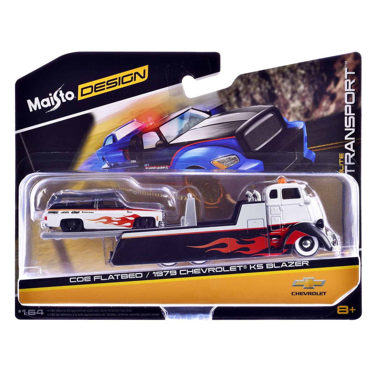 COE Flatbed Truck White and Black with Flame Graphics and 1979 Chevrolet K5 Blazer Black and White with Flame Graphics "Elite Transport" Series 1/64 Diecast Models by Maisto-Maisto-ModelCars.com