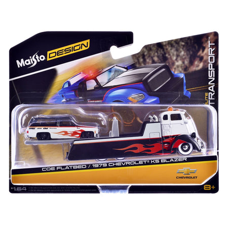 COE Flatbed Truck White and Black with Flame Graphics and 1979 Chevrolet K5 Blazer Black and White with Flame Graphics "Elite Transport" Series 1/64 Diecast Models by Maisto-Maisto-ModelCars.com