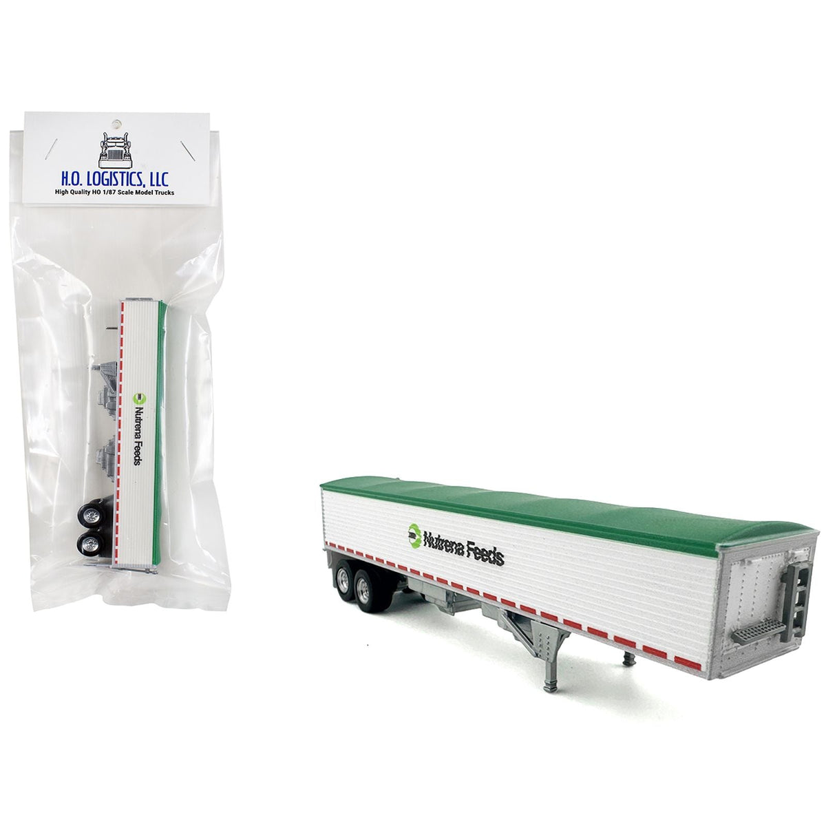 Covered Grain Trailer White with Green Tarp "Nutrena Feeds" 1/87 (HO) Plastic Model Car by HO Logistics-HO Logistics Replicas-ModelCars.com