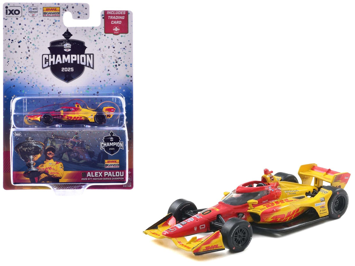 Dallara IndyCar 10 Alex Palou "DHL" Chip Ganassi Racing (Road Course Configuration) Champion "NTT IndyCar Series" (2025) with Trading Card 1/64 Diecast Model Car by IXO Models-IXO-ModelCars.com