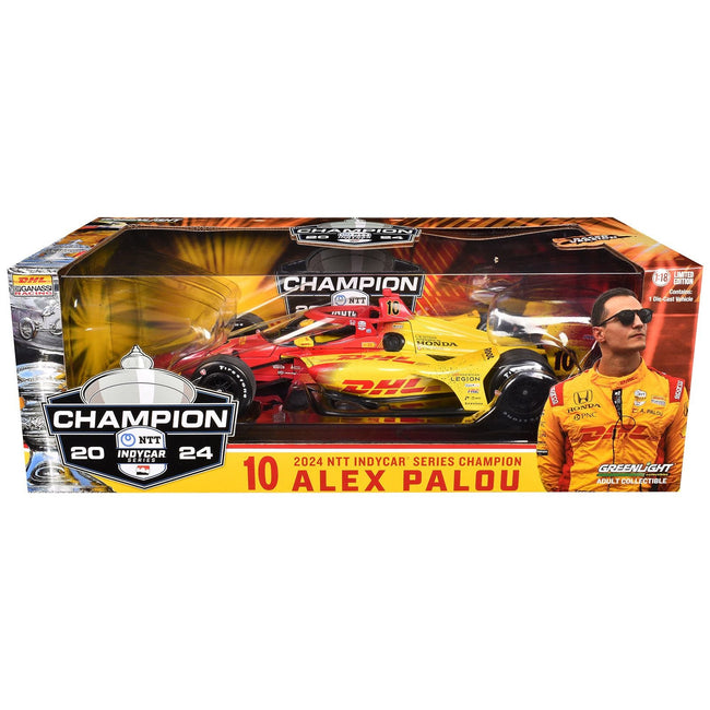 Dallara IndyCar #10 Alex Palou "DHL" (Raced Verison) Chip Ganassi Racing "NTT IndyCar Series Champion" (2024) 1/18 Diecast Model Car by Greenlight-Greenlight-ModelCars.com
