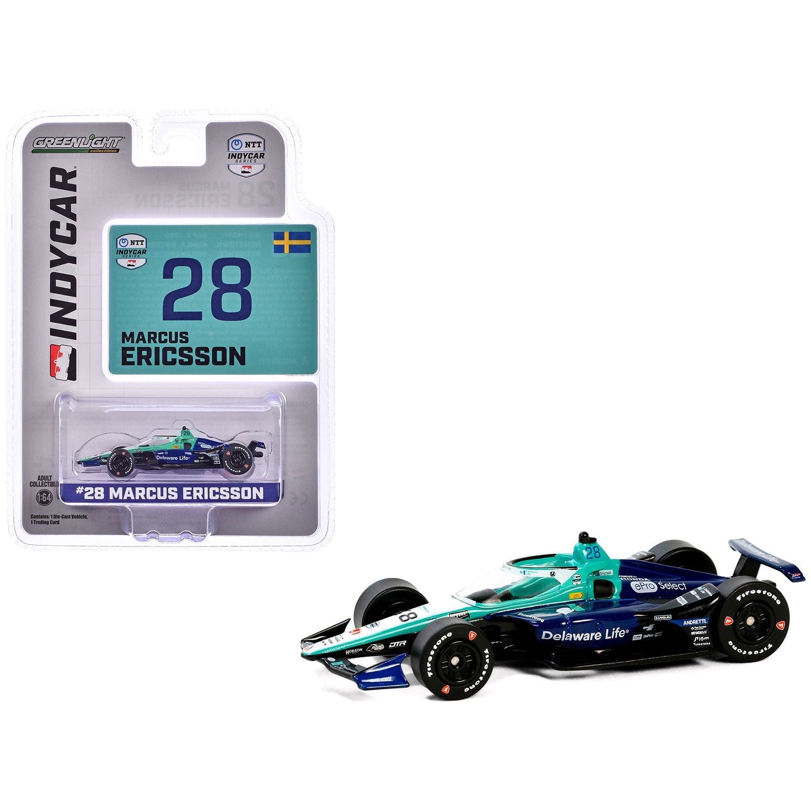 Dallara IndyCar 28 Marcus Ericsson "Delaware Life" Andretti Autosport "NTT IndyCar Series" (2024) 1/64 Diecast Model Car by Greenlight - Greenlight - ModelCars.com