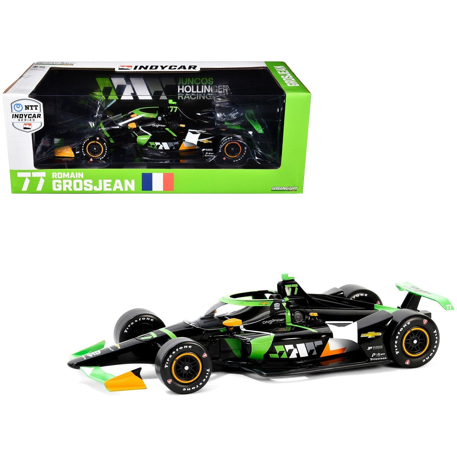 Dallara IndyCar 77 Romain Grosjean "DNS Filter" Juncos Hollinger Racing "NTT IndyCar Series" (2024) 1/18 Diecast Model Car by Greenlight - Greenlight - ModelCars.com