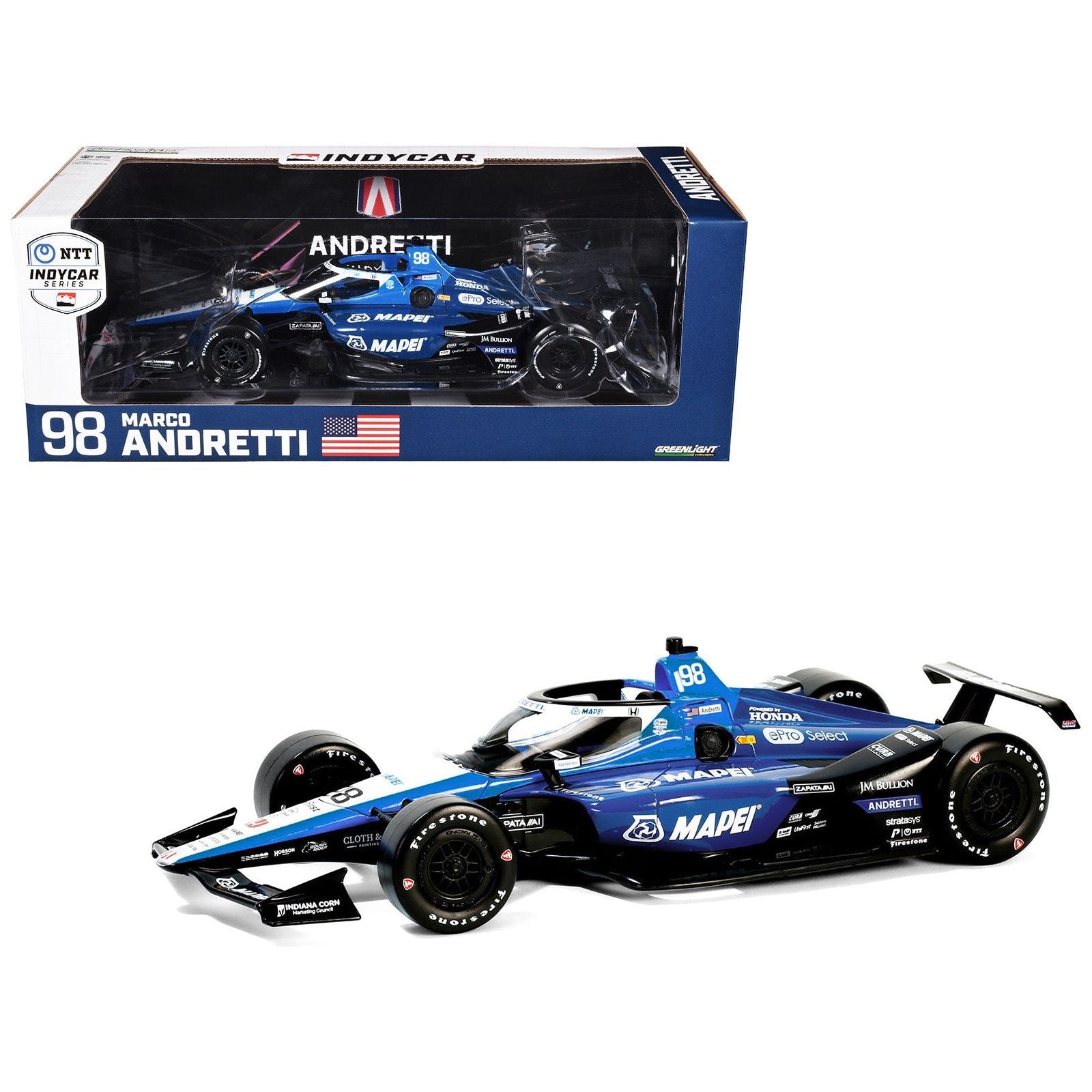 Dallara IndyCar 98 Marco Andretti "Mapei" Andretti Autosport "NTT IndyCar Series" (2024) 1/18 Diecast Model Car by Greenlight - Greenlight - ModelCars.com