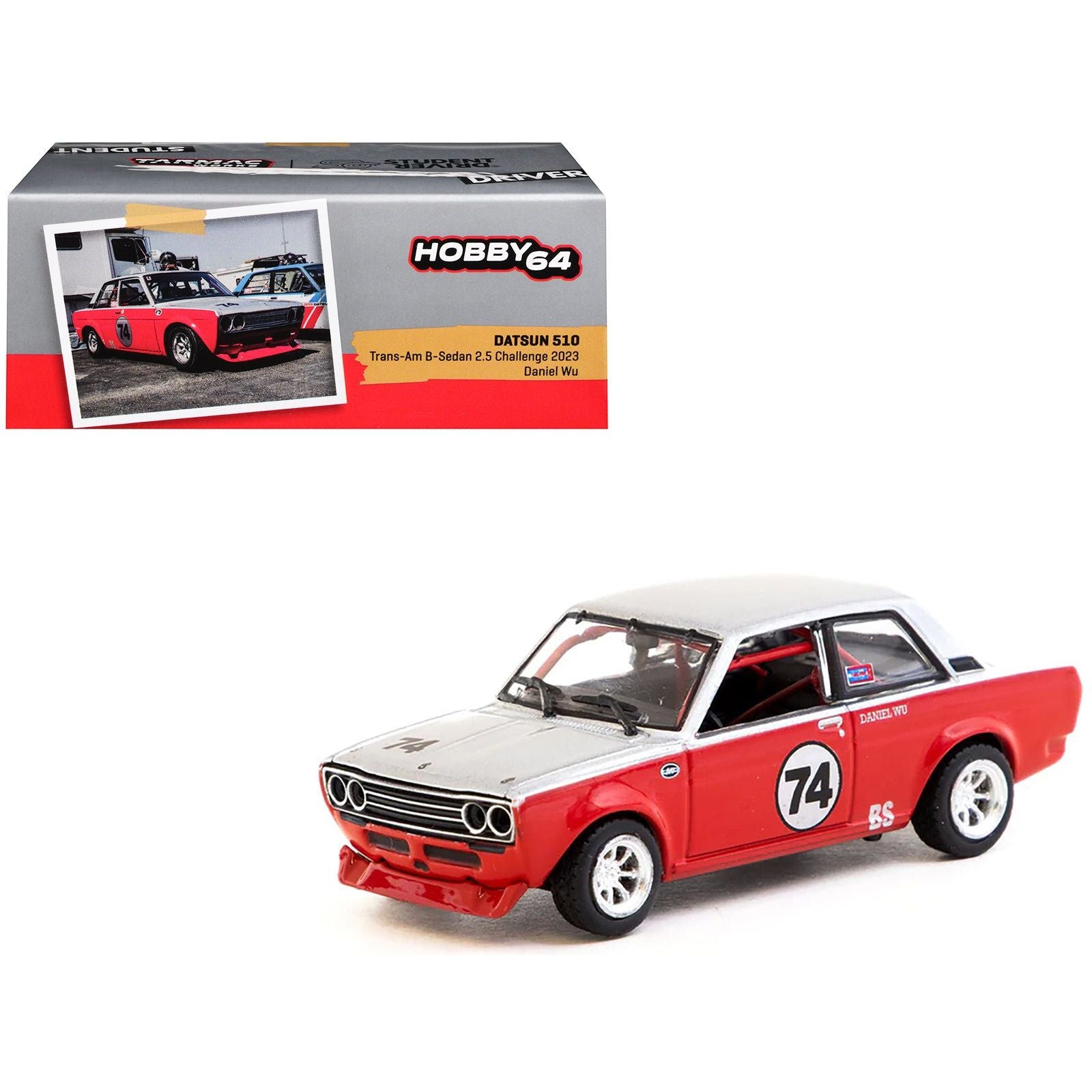 Datsun 510 74 Daniel Wu "Trans - Am B - Sedan 2.5 Challenge" (2023) Silver and Red "Hobby64" Series 1/64 Diecast Model Car by Tarmac Works - Tarmac Works - ModelCars.com