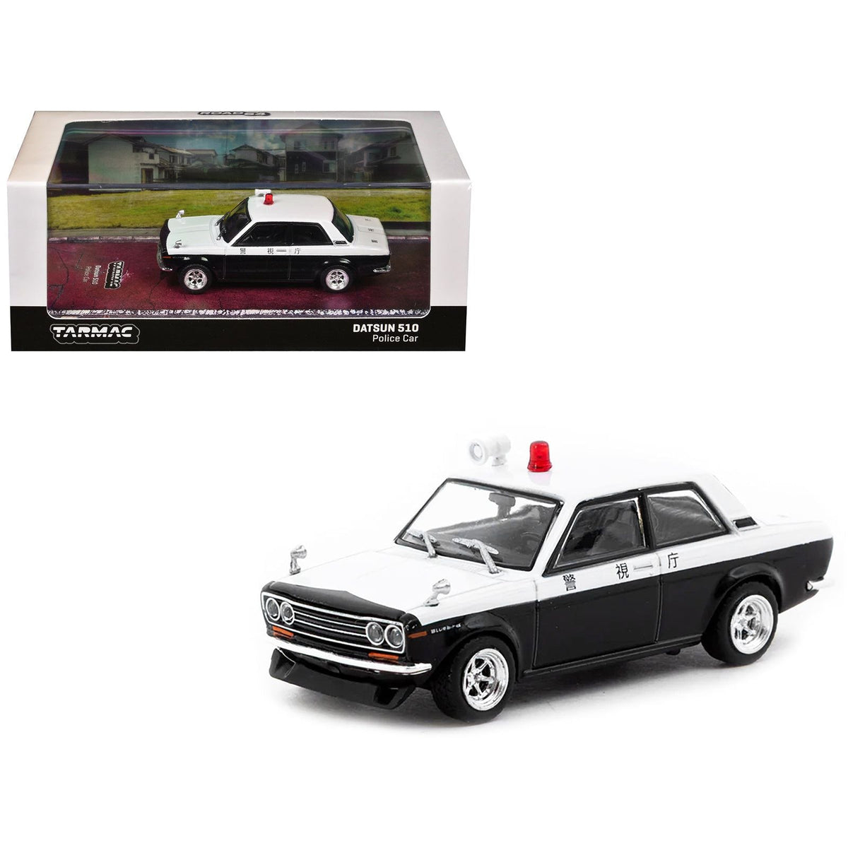 Datsun 510 "Japanese Police" Black and White "Road64" Series 1/64 Diecast Model Car by Tarmac Works-Tarmac Works-ModelCars.com
