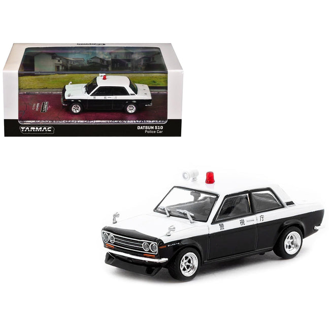 Datsun 510 "Japanese Police" Black and White "Road64" Series 1/64 Diecast Model Car by Tarmac Works-Tarmac Works-ModelCars.com