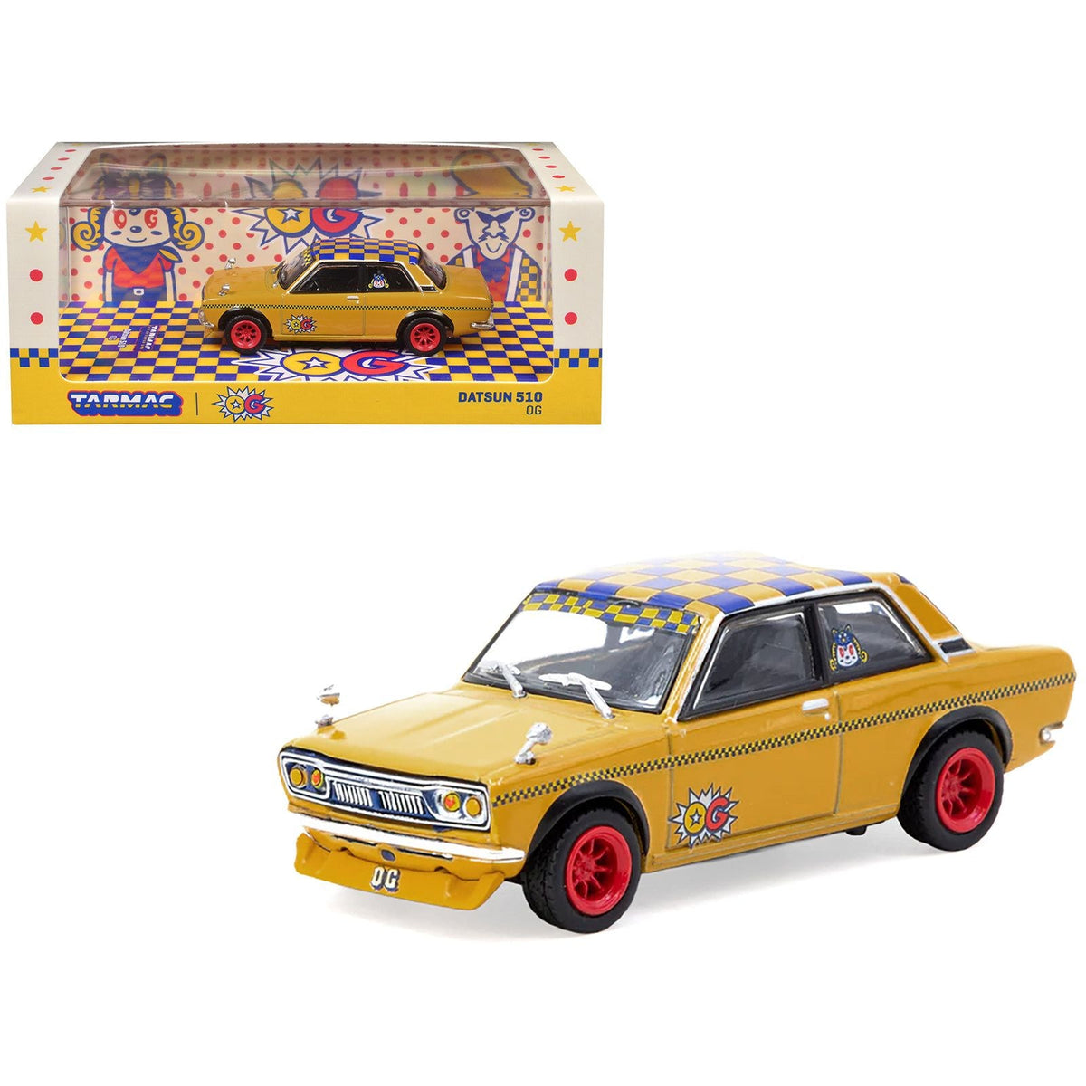 Datsun 510 "OG Beer" Yellow with Checkered Top "Hobby64" Series 1/64 Diecast Model Car by Tarmac Works-Tarmac Works-ModelCars.com