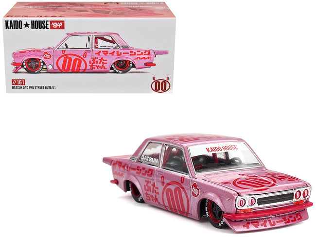 Datsun 510 Pro Street #00 "Buta V1" Pink Metallic with Red Graphics (Designed by Jun Imai) "Kaido House" Special 1/64 Diecast Model Car by Mini GT-Mini GT-ModelCars.com