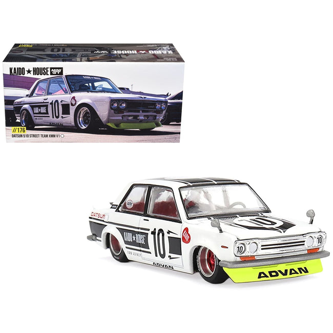 Datsun 510 Street #10 "Team XMM V1" White with Black Stripes (Designed by Jun Imai) "Kaido House" Special 1/64 Diecast Model Car by Mini GT-Mini GT-ModelCars.com