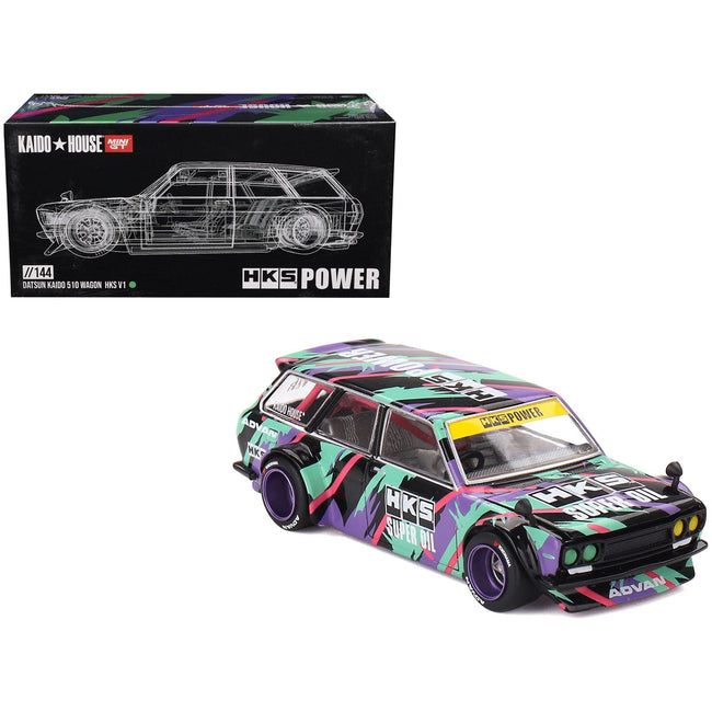 Datsun 510 Wagon RHD (Right Hand Drive) "HKS V1" Black with Graphics (Designed by Jun Imai) "Kaido House" Special 1/64 Diecast Model Car by Mini GT-Mini GT-ModelCars.com