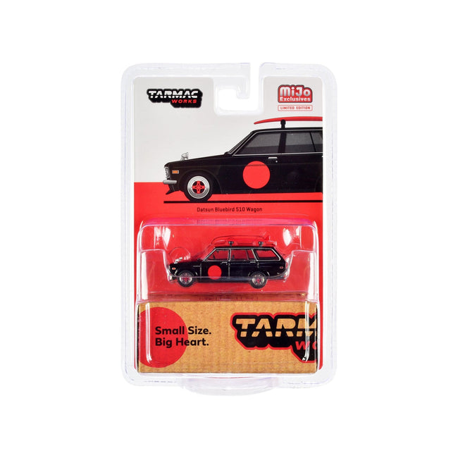 Datsun Bluebird 510 Wagon Black with Red Graphics with Roof Rack and Surfboard "Global64" Series 1/64 Diecast Model Car by Tarmac Works - Tarmac Works - ModelCars.com