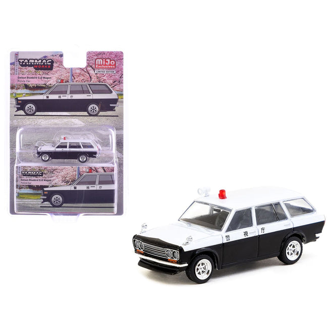 Datsun Bluebird 510 Wagon "Japan Police Car" Black and White "Global64" Series 1/64 Diecast Model by Tarmac Works-Tarmac Works-ModelCars.com