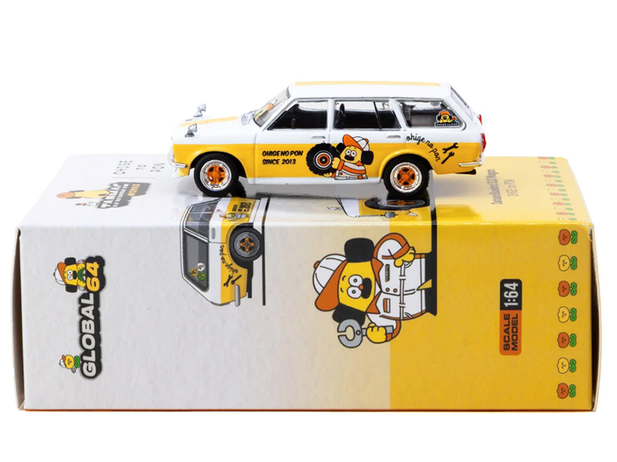 Datsun Bluebird 510 Wagon "Ohige no Pon" White with Orange Stripes and Graphics "Global64" Series 1/64 Diecast Model Car by Tarmac Works-Tarmac Works-ModelCars.com