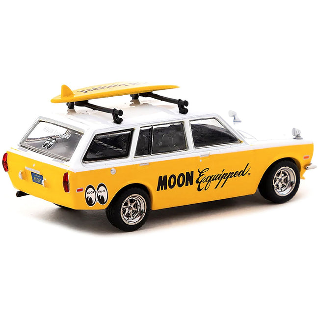 Datsun Bluebird 510 Wagon Yellow and White "MOON Equipped" with Roof Rack and Surfboard "Global64" Series 1/64 Diecast Model Car by Tarmac Works - Tarmac Works - ModelCars.com