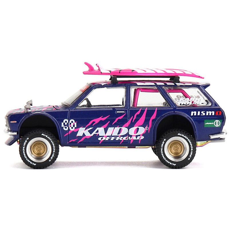 Datsun Kaido 510 Wagon 4x4 RHD (Right Hand Drive) 90 "Kaido Offroad V2" Purple with Pink Graphics and Surfboards on Roof (Designed by Jun Imai) "Kaido House" Special 1/64 Diecast Model Car by Mini GT - Mini GT - ModelCars.com