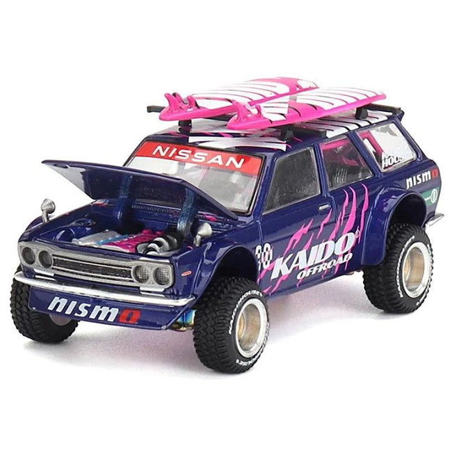 Datsun Kaido 510 Wagon 4x4 RHD (Right Hand Drive) #90 "Kaido Offroad V2" Purple with Pink Graphics and Surfboards on Roof (Designed by Jun Imai) "Kaido House" Special 1/64 Diecast Model Car by Mini GT-Mini GT-ModelCars.com