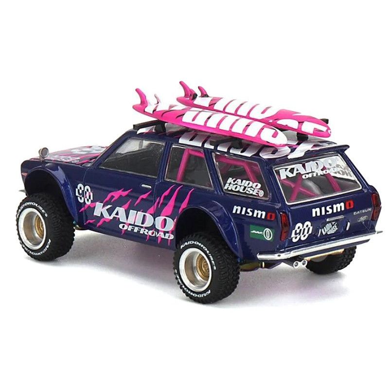 Datsun Kaido 510 Wagon 4x4 RHD (Right Hand Drive) 90 "Kaido Offroad V2" Purple with Pink Graphics and Surfboards on Roof (Designed by Jun Imai) "Kaido House" Special 1/64 Diecast Model Car by Mini GT - Mini GT - ModelCars.com